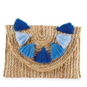New Mud Pie Blue Tassel Jute Clutch